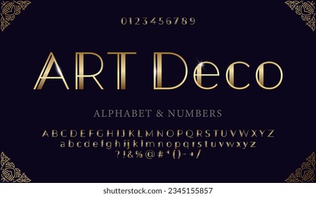 Elegant gold alphabet in art deco style. Font with signs and symbols