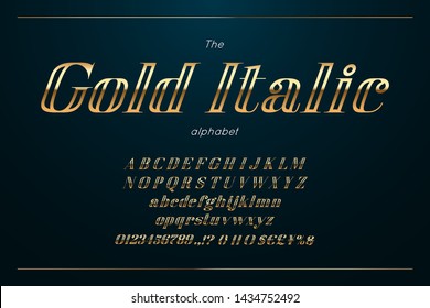 Elegant gold alphabet letters and numbers. Vector italic font design