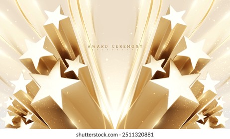 Elegante Gold Award Cerimônia Fundo com 3D Golden Stars Decoração e bokeh. Fundo de Luxo. Ilustração de vetor.