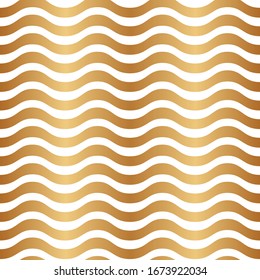 Elegant gold background with zigzag wave lines. Seamless pattern. Repeating delicate jagged striped texture for design. Tender golden backdrop for prints, fabric, wallpaper, textile, interior. Vector
