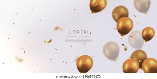 Elegant gold balloon and ribbon gold lines shining. Celebration party happy concept. Vector illustration