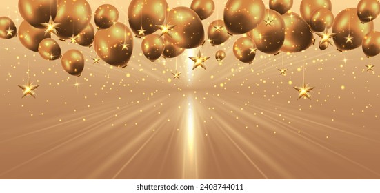 Elegant gold balloon and star gold shining. Celebration party happy concept. Vector illustration