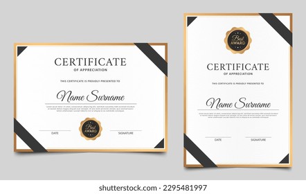 Elegant gold and black certificate of achievement template design. Clean certificate border template with gold badge. Vector diploma award illustration