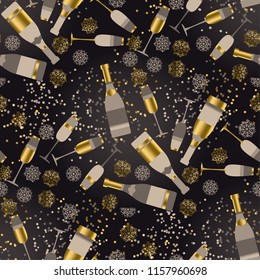 Elegant gold and black champagne and snowflakes seamless pattern for background, wrapping paper, fabric, surface design. Decorative sparkling xmas repeatable motif 
