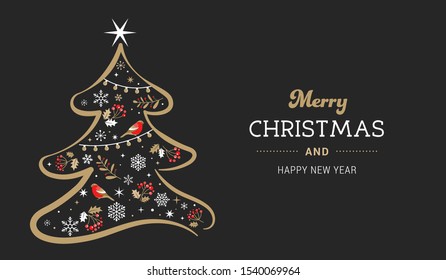 Elegant gold and black Christmas tree with Xmas elements. Vector illustration