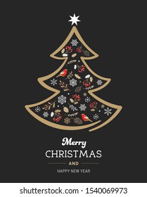 Elegant gold and black Christmas tree with Xmas elements. Vector illustration