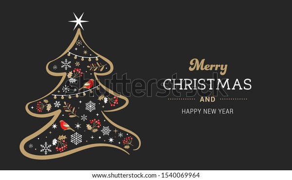 Elegant gold and black Christmas tree with Xmas elements. Vector