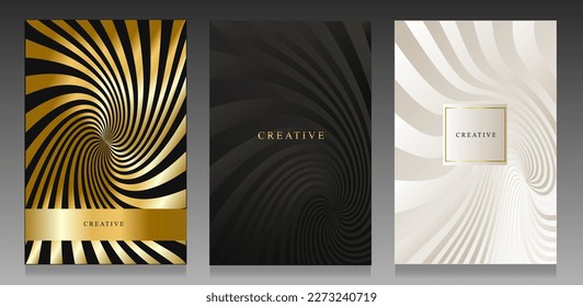 Elegant gold, black and white covers. Spiral metallic effect, abstract geometric: luxury vector pattern. 
