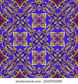 Elegant Gold and Blue Mandala Pattern Design – Intricate Floral and Ornamental Motifs for Luxurious Textiles, Wallpapers, and Home Decor Accents