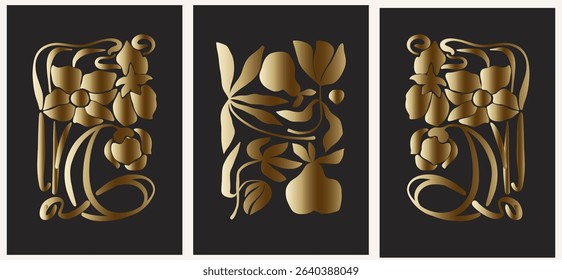 Elegant Gold Botanical Set on Black Background. Luxury Vector Foliage Illustrations