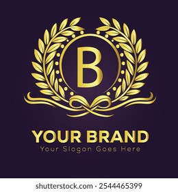 Elegant Gold Brand Logo B Design Template with Laurel Wreath and Customizable Text