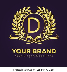 Elegant Gold Brand Logo D Design Template with Laurel Wreath and Customizable 