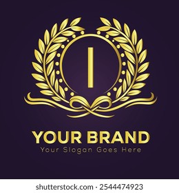 Elegant Gold Brand Logo I Design Template with Laurel Wreath and Customizable 