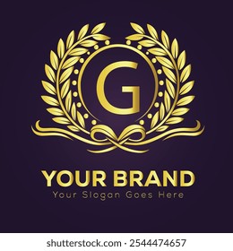 Elegant Gold Brand Logo G Design Template with Laurel Wreath and Customizable 