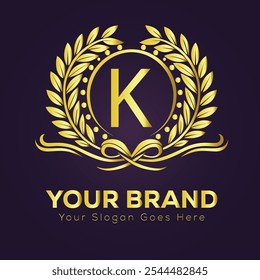 Elegant Gold Brand Logo K Design Template with Laurel Wreath and Customizable 