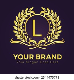 Elegant Gold Brand Logo L Design Template with Laurel Wreath and Customizable 