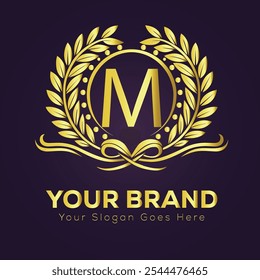 Elegant Gold Brand Logo M Design Template with Laurel Wreath and Customizable 