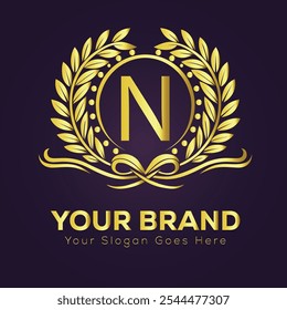 Elegant Gold Brand Logo N Design Template with Laurel Wreath and Customizable 
