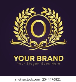 Elegant Gold Brand Logo O Design Template with Laurel Wreath and Customizable 