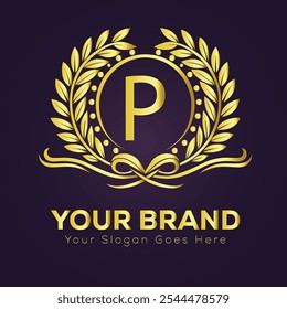 Elegant Gold Brand Logo P Design Template with Laurel Wreath and Customizable 