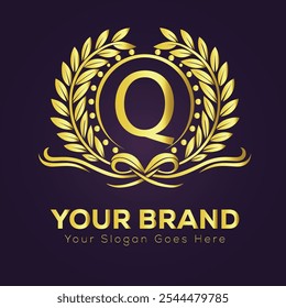 Elegant Gold Brand Logo Q Design Template with Laurel Wreath and Customizable 