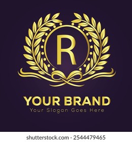 Elegant Gold Brand Logo R Design Template with Laurel Wreath and Customizable 