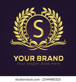 Elegant Gold Brand Logo S Design Template with Laurel Wreath and Customizable 