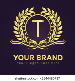 Elegant Gold Brand Logo T Design Template with Laurel Wreath and Customizable 