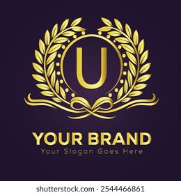 Elegante Plantilla de diseño de logotipo de marca de oro U con corona de laurel y texto personalizable