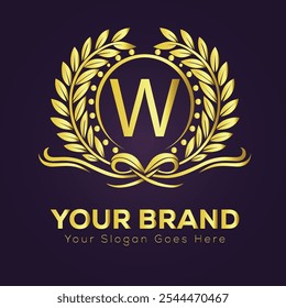 Elegante logotipo de la marca de oro W Plantilla de diseño con corona de laurel y texto personalizable
