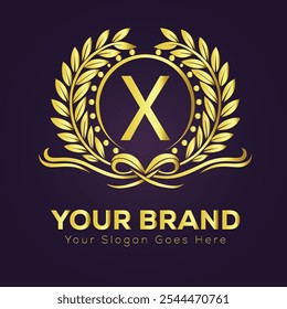 Elegante Plantilla de diseño de logotipo de marca de oro X con corona de laurel y texto personalizable