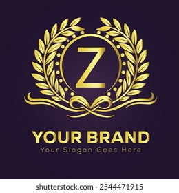 Elegante Plantilla de diseño de logotipo Z de marca dorada con corona de laurel y texto personalizable