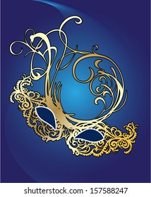 Elegant gold carnival mask on a blue background