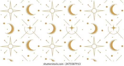 Elegant Gold Celestial Pattern: A sophisticated pattern of gold celestial bodies, including stars and moons, against a white background. Perfect for luxury design projects.