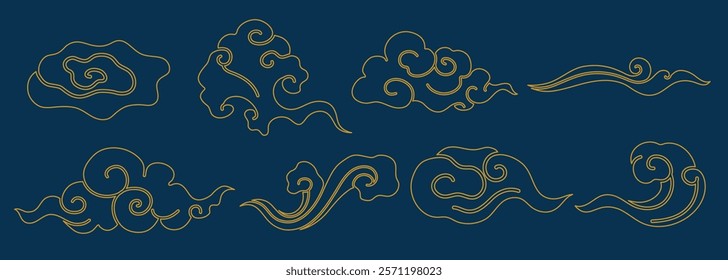 Elegant gold cloud patterns on a dark blue background. Decorative clouds, swirling and intricate, harmonious and artistic design. Gold clouds, blue background. Chinese weather elements, vector set.