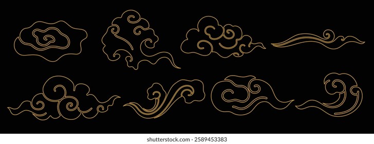 Elegant gold cloud patterns on black. Gold clouds swirl in artistic designs. Cloud motifs create a luxurious, decorative feel. Gold and black contrast beautifully. Chinese weather elements, vector set