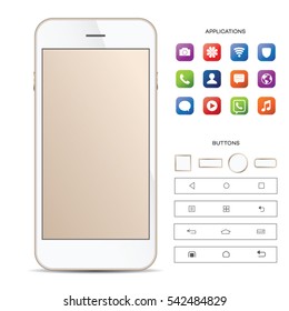 Elegante smartphone en color dorado con coloridos iconos de pantalla , aplicaciones. Iphon móvil de color dorado aislado, ilustración vectorial realista y conjuntos de botones.