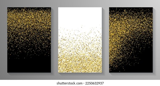 Elegant gold confetti grain scatter texture. Triangle square circle star elements flying. Banner template. Glittering scruple granules dust confetti. Party decoration bright spatter