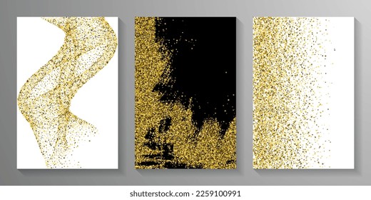 Elegant gold confetti powder scatter pattern. Triangle square circle star particles vector. Holiday decor. Uneven crumb granules dot confetti. Party decoration spark explosion