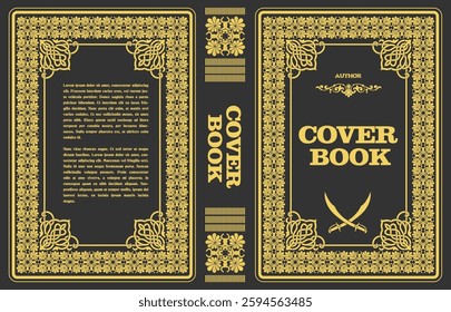 Elegant gold cover design with intricate floral patterns, crossed swords, and sample text, ideal for historical novels or adventure stories