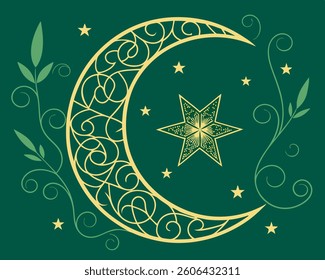 Elegant Gold Crescent Moon and Star Illustration on Dark Green Background.