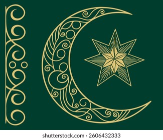 Elegant Gold Crescent Moon and Star Illustration on Dark Green Background.