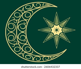 Elegant Gold Crescent Moon and Star Illustration on Dark Green Background.