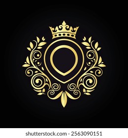 Elegant Gold Crest with Ornamental Design and Crown on Black Background  
