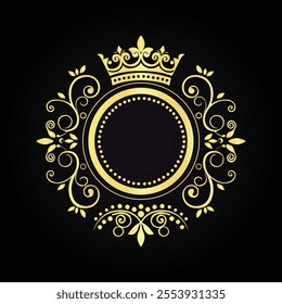 Elegant gold crown emblem with intricate floral patterns on a luxurious black background  
