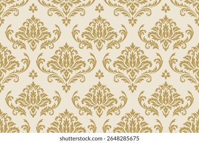Elegant gold damask pattern on cream background, perfect for luxury wallpaper, fabric, and vintage designs with timeless classic style.