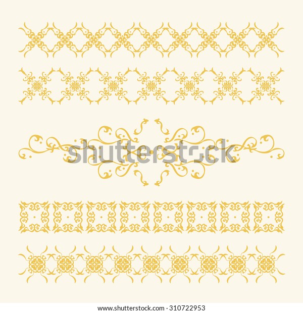 Elegant Gold Decorations Collection. Set of\
graceful and fine golden calligraphic vector patterns and\
ornaments, useful to adorn pages, frames, borders, etc. Elegant\
graphic elements for your\
design.