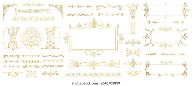 Bordas decorativas de ouro elegante e quadros em vários desenhos ornamentados. Padrões de ouro intrincado para embelezamentos elegantes e acentos decorativos. Conjunto de vetores ornamentais.