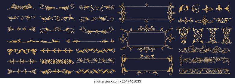 Elegant gold decorative elements on a dark background. Ornate gold designs, gold frames, and gold flourishes create a luxurious and classic aesthetic. Ornamental vector set.