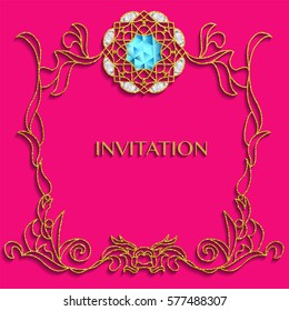 Elegant gold and diamond vector frame designed in Arabic pattern style for Ramadan Kareem festival.Lace vector illustration for wedding invitations and greeting card in vintage style